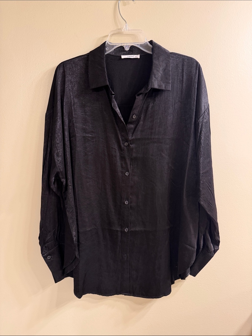 Timing Black Satin Button-Down Top